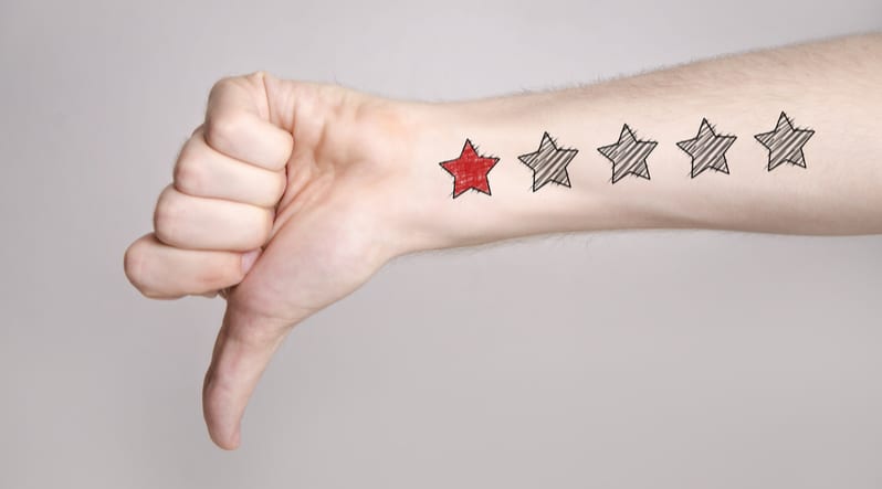 hands showing thumbs down illustrates poor reviews