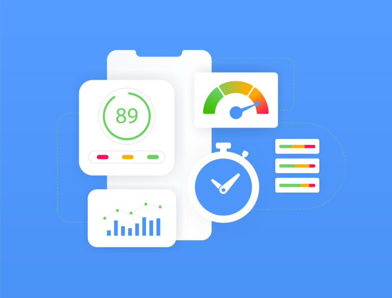 Website Speed Test concept. Technical seo for enhance web page speed. Website loading speed vector isolated illustration on blue background with icons