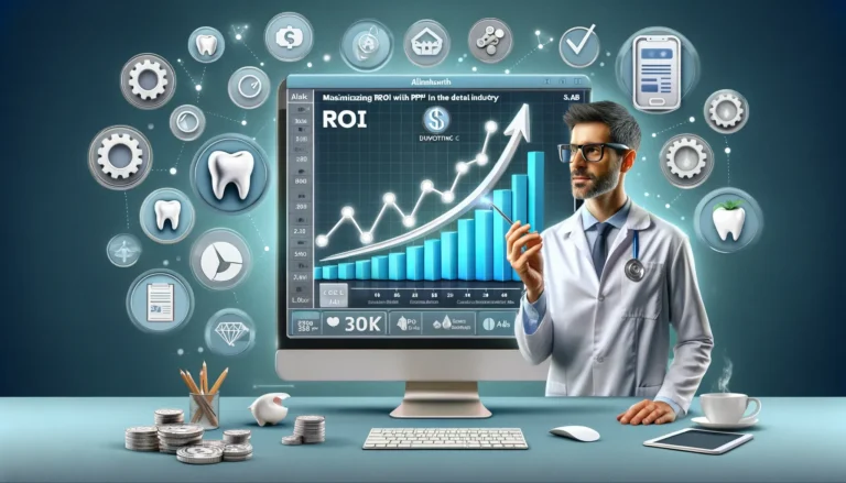 dentist analyzing a graph showing upward growth, symbolizing ROI, with PPC-related elements like click icons, ads, and a computer screen displaying an analytics dashboard