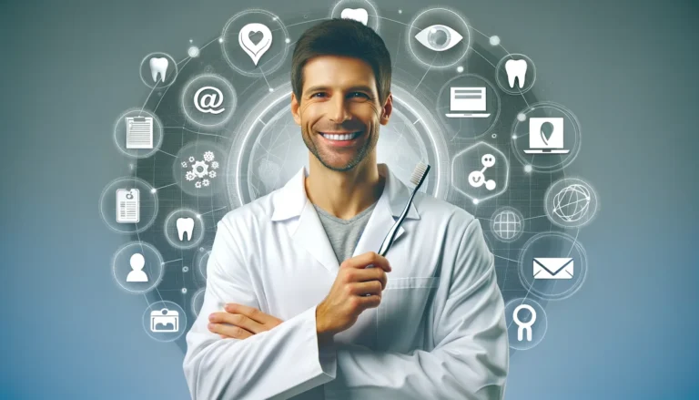 a dentist in a white coat, holding a toothbrush and showcasing a bright, healthy smile. Surrounding the dentist are various digital marketing icons