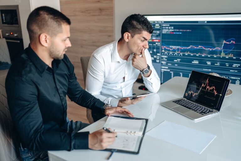 Men Looking at Diagram on Laptop