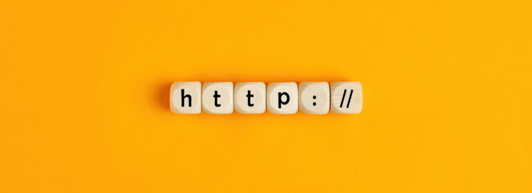 Word http on wooden blocks on yellow background. Flat lay view.