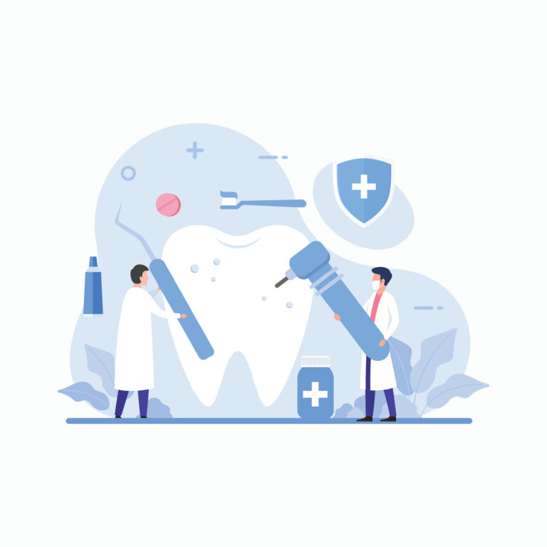 Dentist concept. Dental doctor in uniform treating human teeth using medical equipment. Idea of dental and oral hygiene. Caries treatment. Flat vector illustration