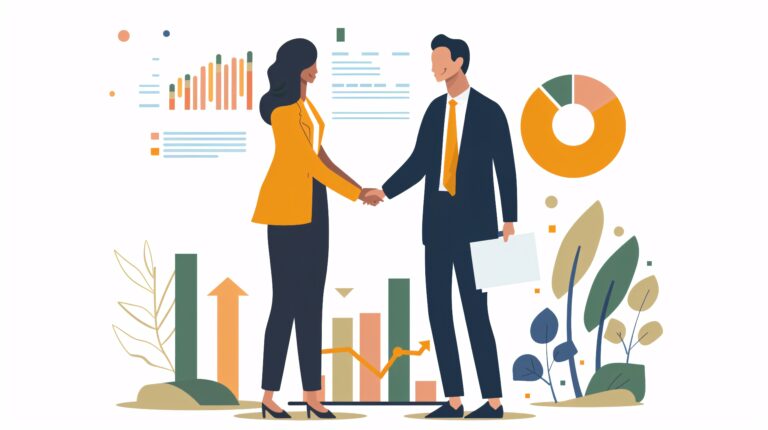 Vector art of business partners negotiating plans, representing partnership