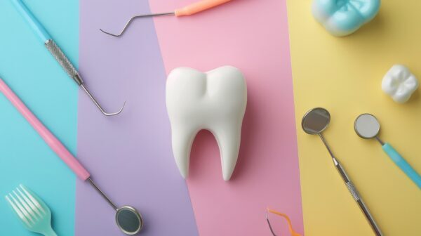 Learn about dentistry. Here's a picture of a tooth and dental tools on a colorful background. You can add your own text to it